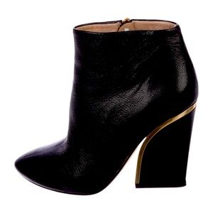 CHLOÉ BECKIE Black w/ Gold Trim Leather Round-Toe Wedge Boots, Size: 9 | IT 39